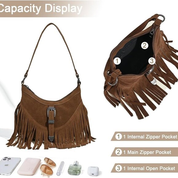 Women Western Small Fringe Underarm Purse Hipppie Shoulder Bag with Tassel - Picture 2 of 6